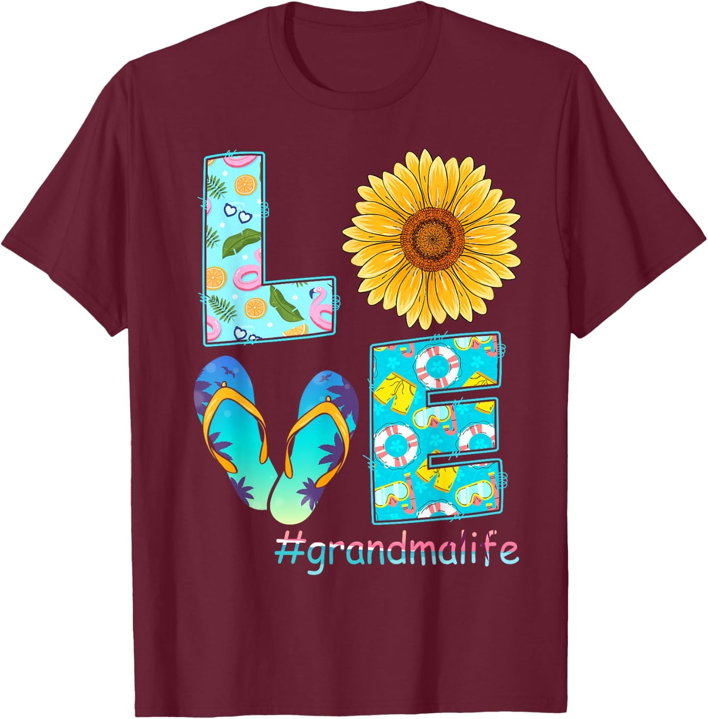 LOVE Grandma Life Flip Flops Hippie Sunflower Summer Women T-Shirt - T-Shirt | Maroon