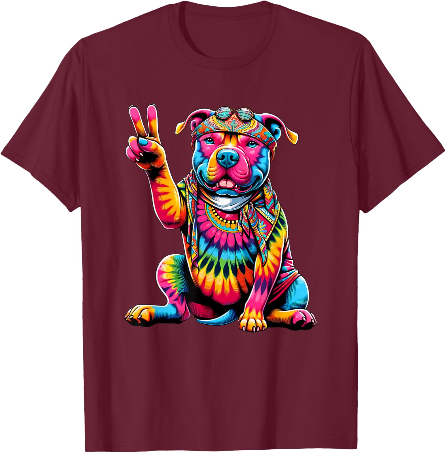 Peace Sign Tie Dye Pit Bull Dog Women Kids T-Shirt - T-Shirt | Maroon
