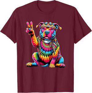 Peace Sign Tie Dye Pit Bull Dog Women Kids T-Shirt - T-Shirt | Maroon