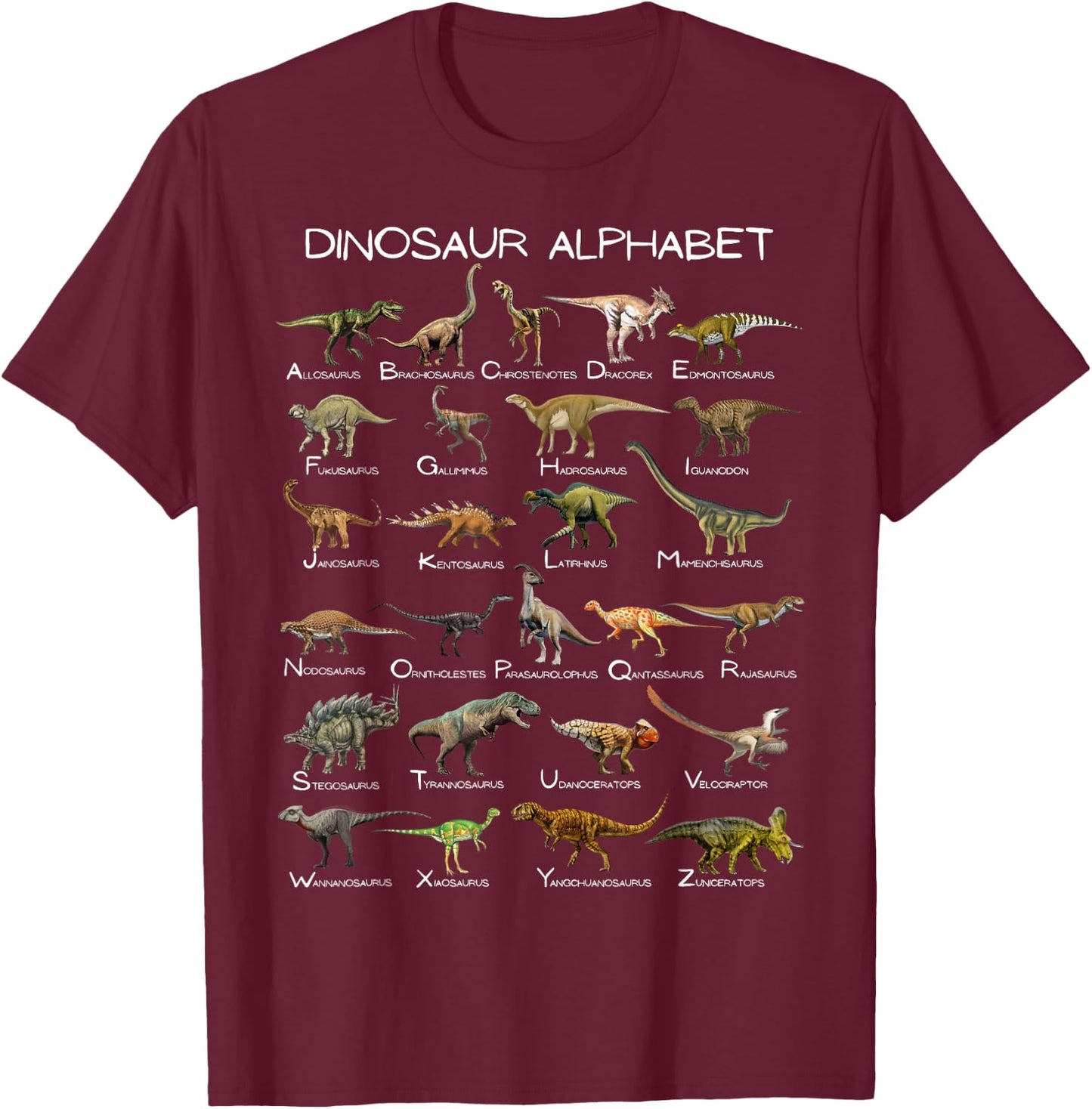Dinosaur Alphabet ABC Dino Paleontology Educational T-Shirt - T-Shirt | Maroon