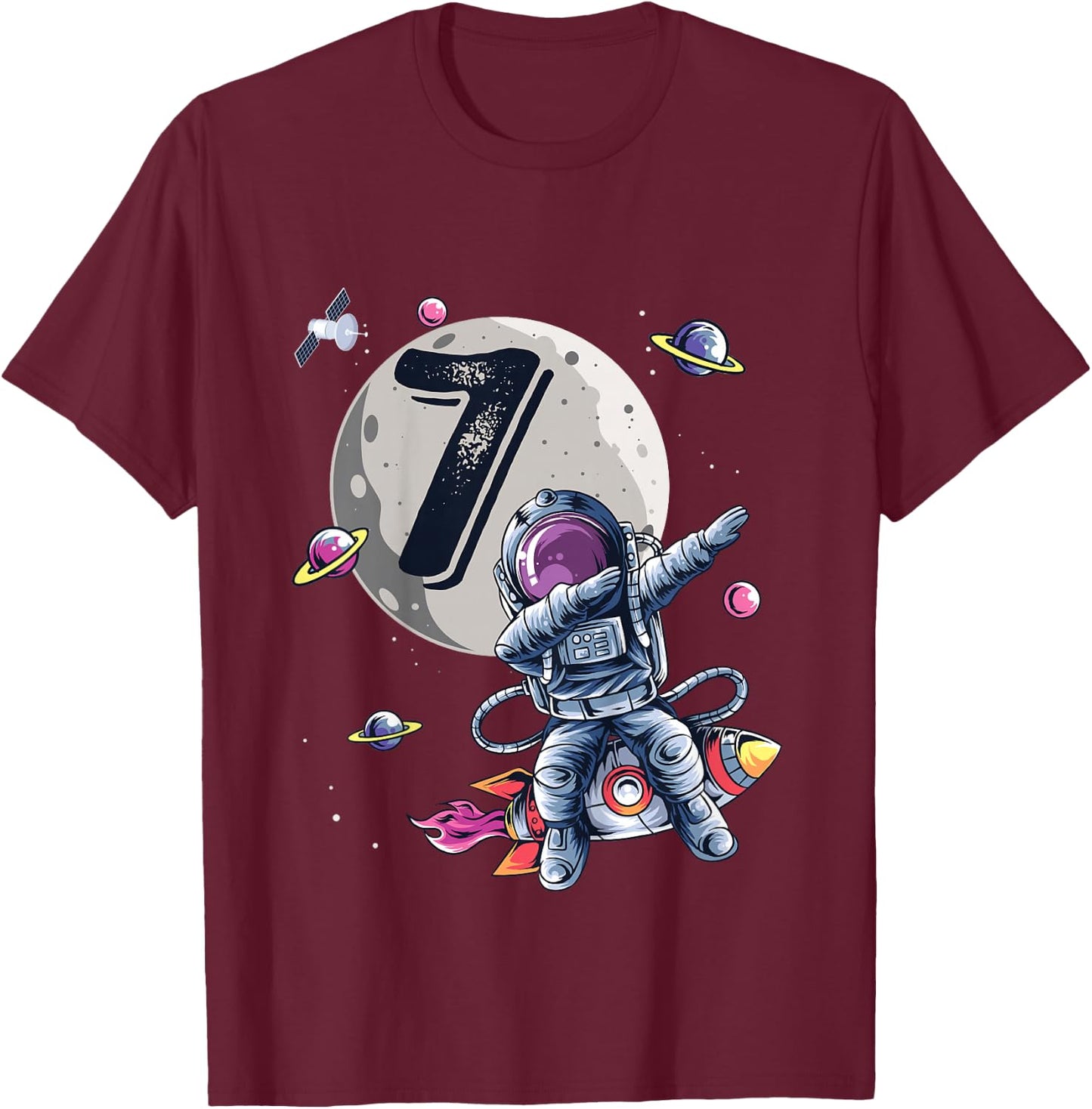 Kids 7 Years Old Birthday Boy Astronaut Gifts Space 7th B-Day T-Shirt - T-Shirt | Maroon