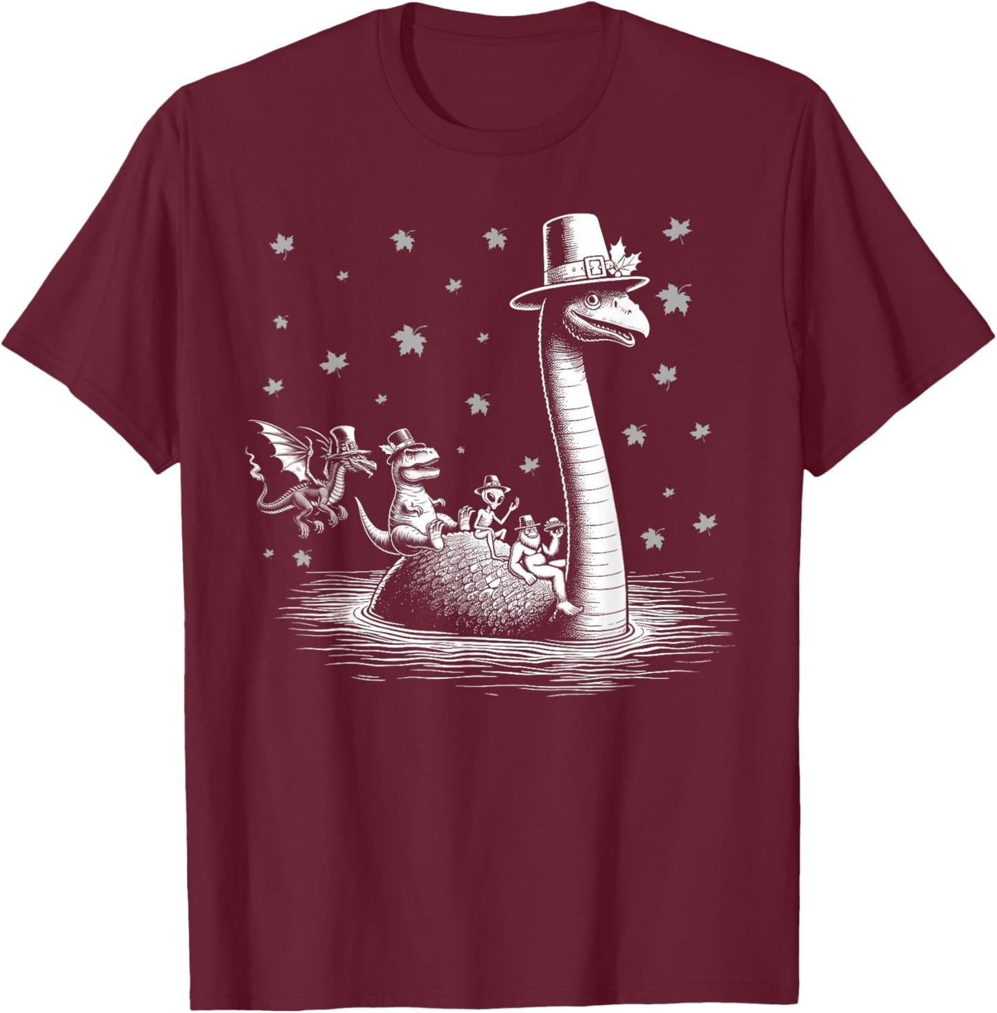 Thanksgiving Bigfoot alien riding loch Ness monster fall T-Shirt - T-Shirt | Maroon