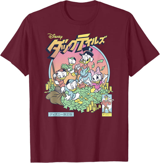 Disney DuckTales Japanese Logo Money Vault Shot Distressed T-Shirt - T-Shirt | Maroon