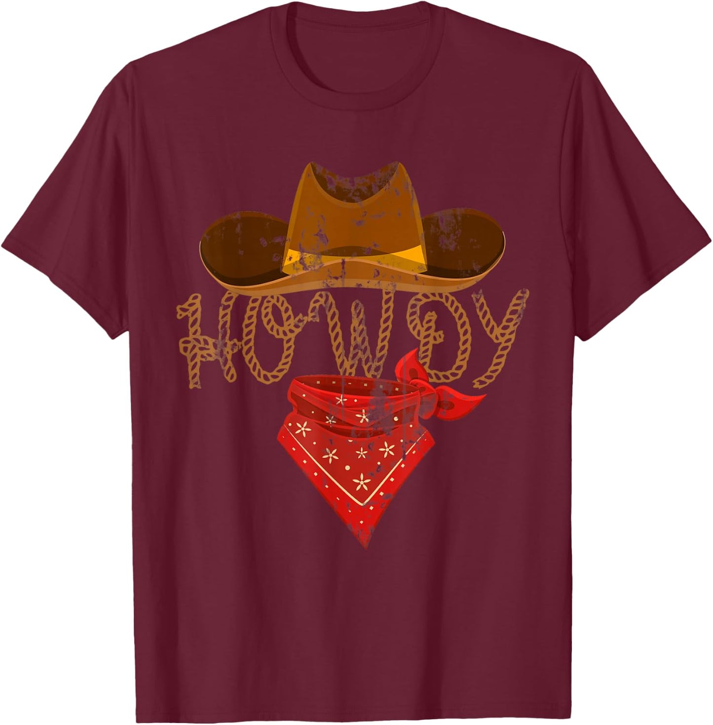 Western Cowboy Howdy - Classic Fit, Short Sleeve, Black Polyester & Cotton T-Shirt - T-Shirt | Maroon