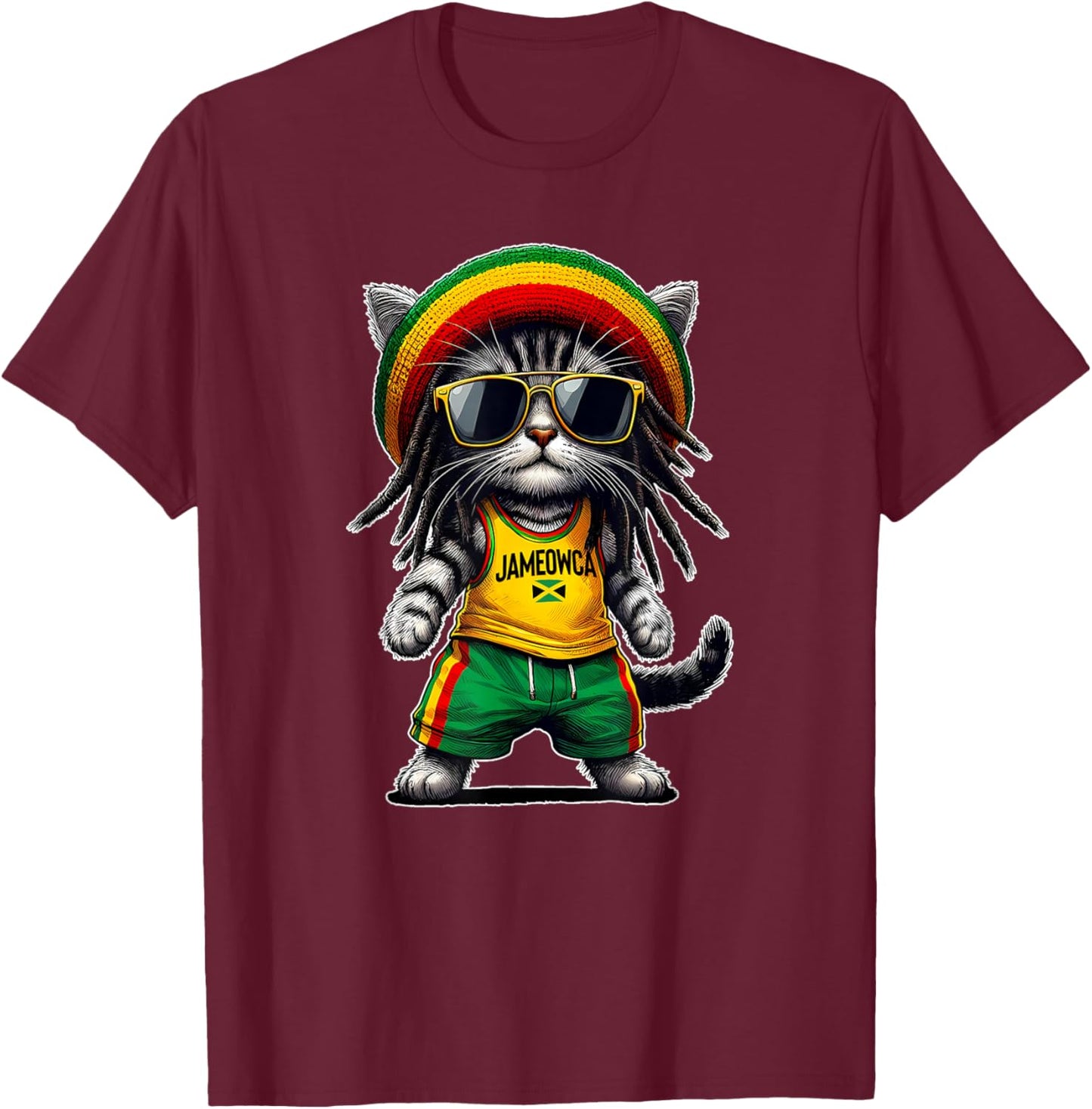 JAMEOWCA Rasta Cat Funny Jamaican Gift Jamaican Vibes T-Shirt - T-Shirt | Maroon