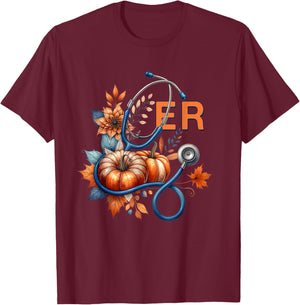 Fall Floral Stethoscope ER Emergency Room Nurse Appreciation T-Shirt - T-Shirt | Maroon