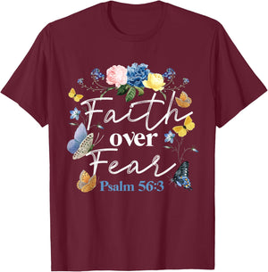 Christian Bible Verse Faith Over Fear Flower Butterfly T-Shirt - T-Shirt | Maroon