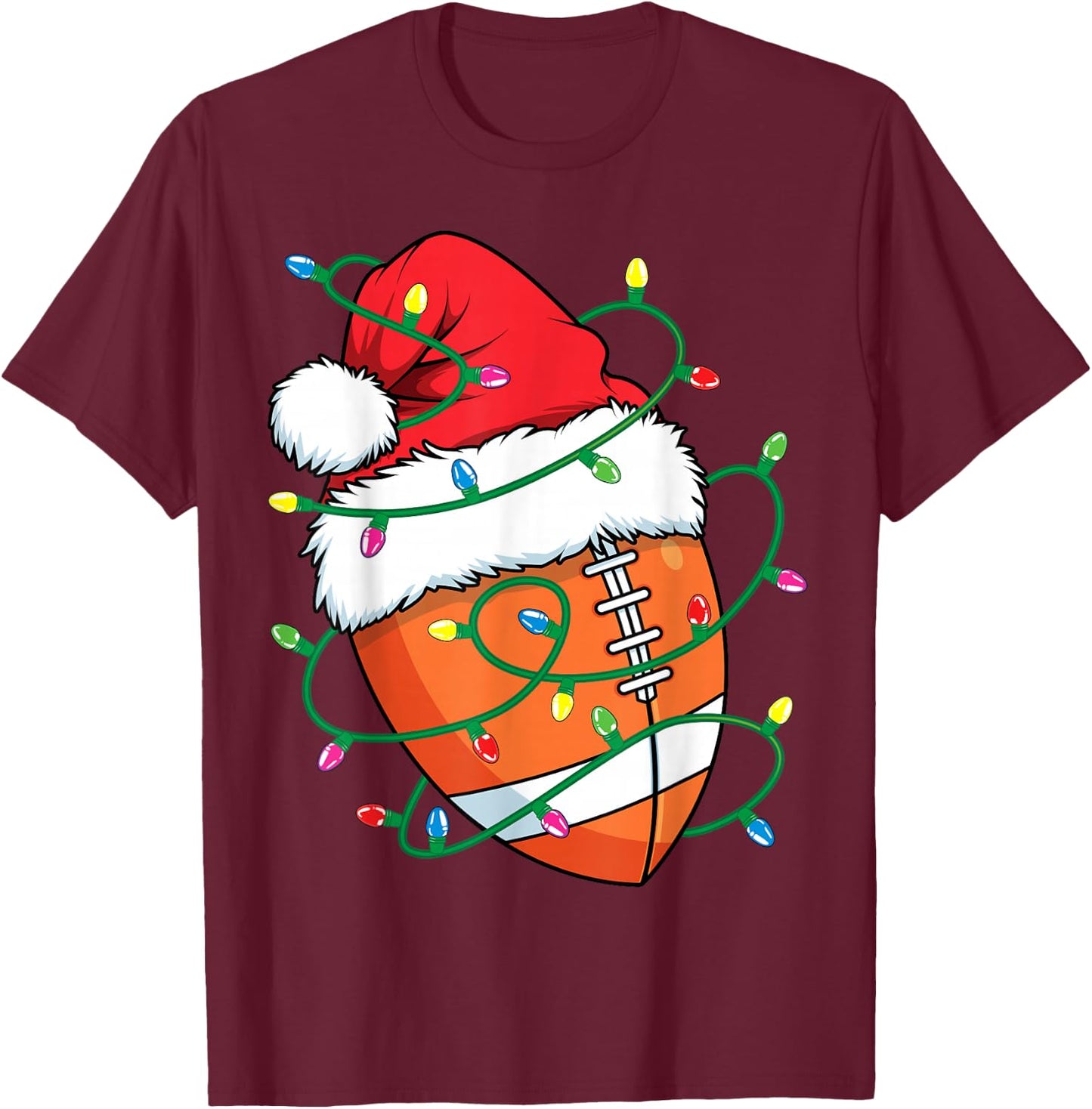 Santa Football Sports Ball Men Boys Christmas Xmas Lights T-Shirt - T-Shirt | Maroon