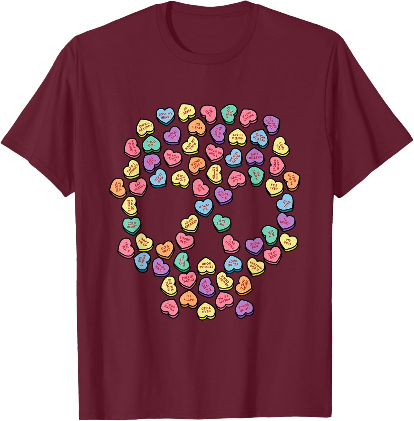 Death By Candy Valentine's Day Hearts Skull T-Shirt - T-Shirt | Maroon