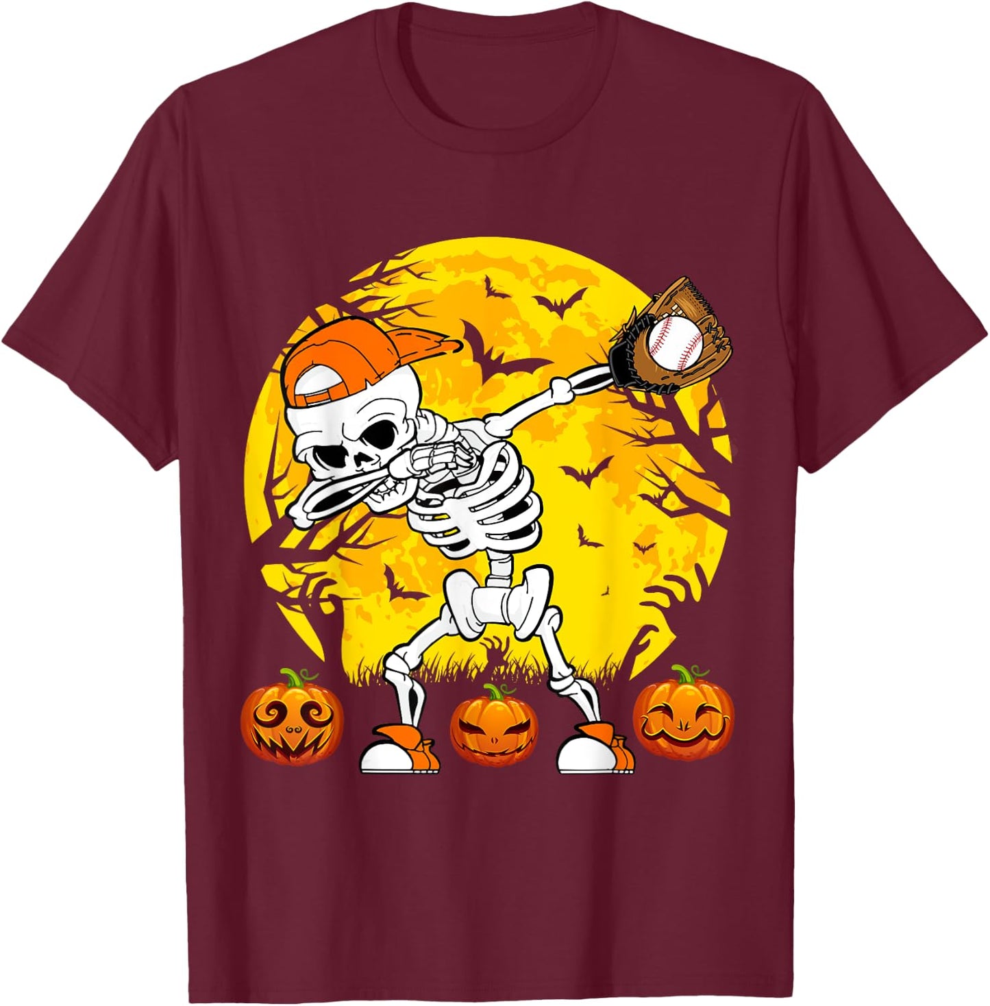 Baseball Halloween Dabbing Skeleton Funny Halloween Baseball T-Shirt - T-Shirt | Maroon