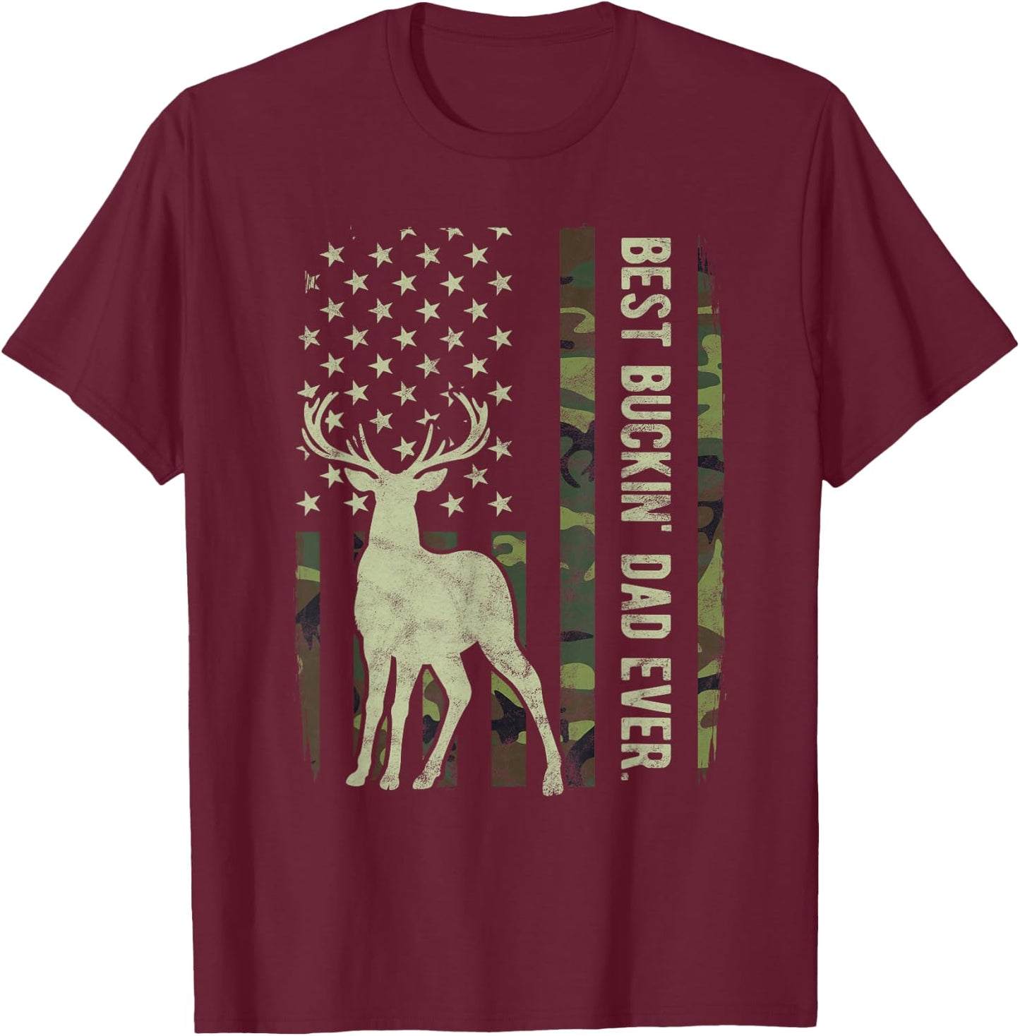 Best Buckin' Dad Camouflage American Flag Deer Hunting T-Shirt - T-Shirt | Maroon
