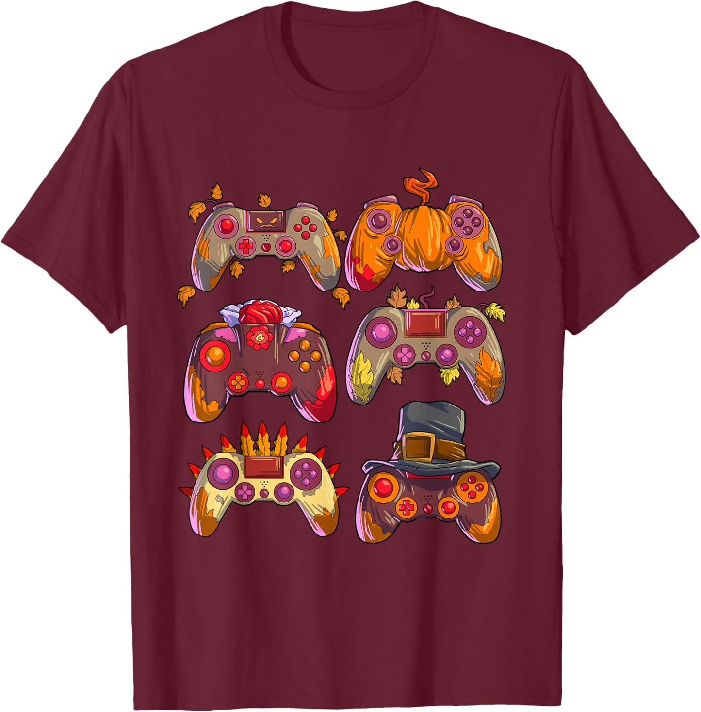 Gamer Thanksgiving Boys Gaming Controllers Turkey Pumpkin T-Shirt - T-Shirt | Maroon