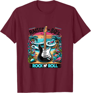 Raised On 80's Rock N Roll - Rock Band - Hair Band T-Shirt - T-Shirt | Maroon