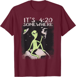 Funny Its 4:20 Somewhere Cosmic Being Smoking UFO Alien T-Shirt - T-Shirt | Maroon