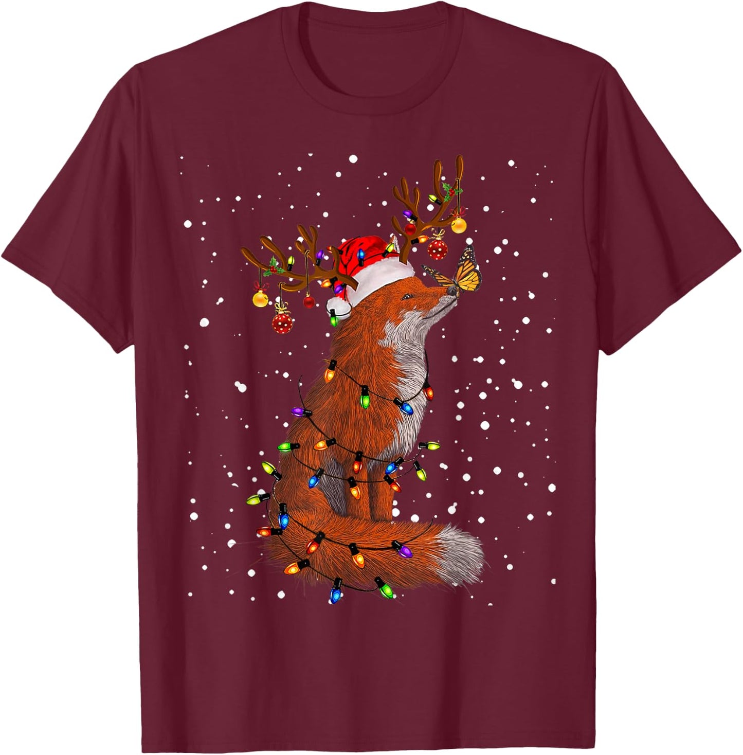 Santa Fox Tangled Up In Christmas Tree Lights Foxes Lover PJ T-Shirt - T-Shirt | Maroon