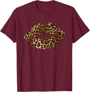 Leopard Lips Trendy Kiss Mouth Women Cheetah Animal Print T-Shirt - T-Shirt | Maroon