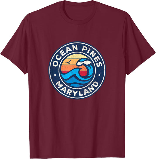Ocean Pines Maryland MD Vintage Nautical Waves Design T-Shirt - T-Shirt | Maroon