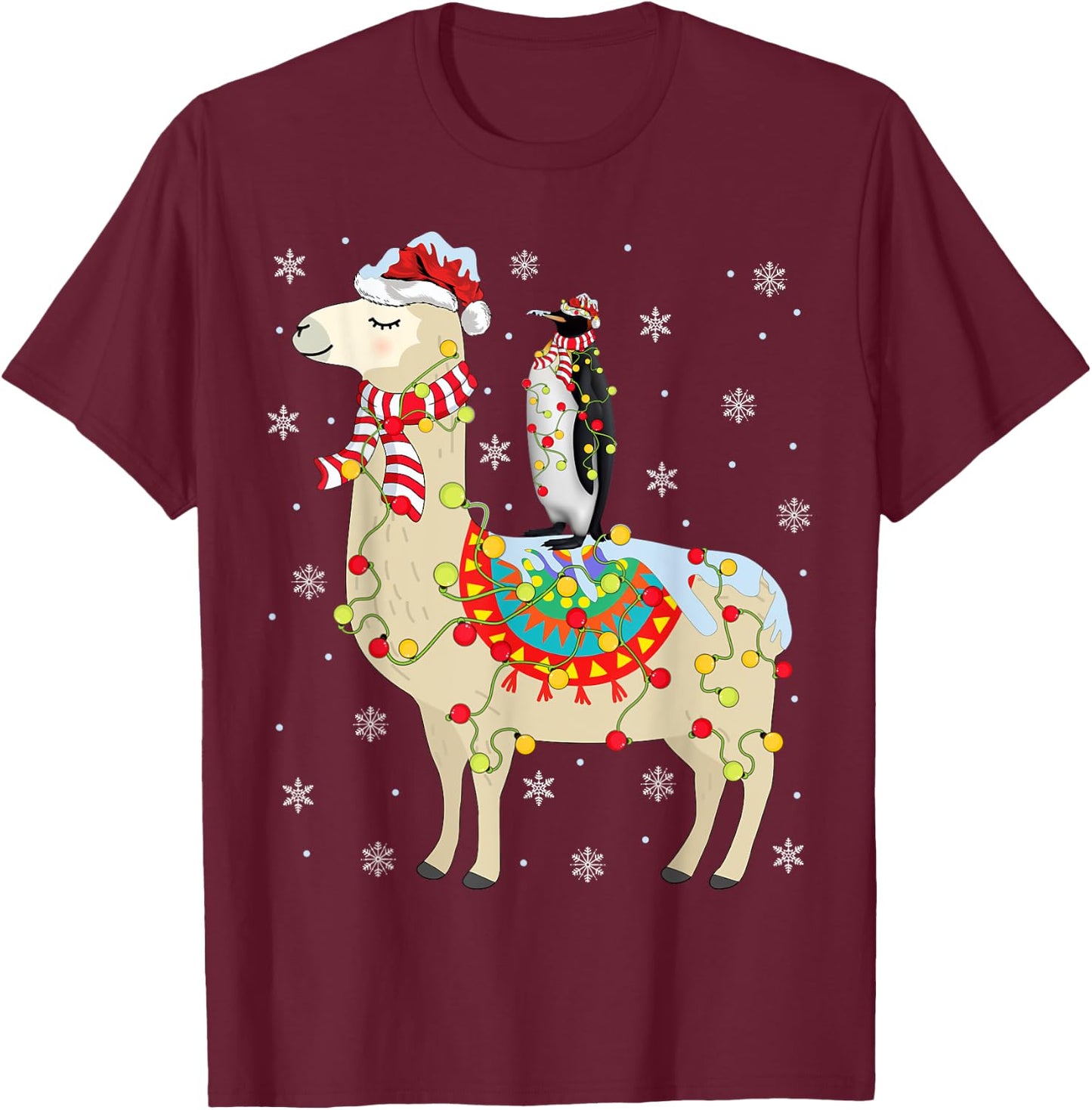 Xmas Lighting Santa Llama Riding Penguin Christmas T-Shirt - T-Shirt | Maroon