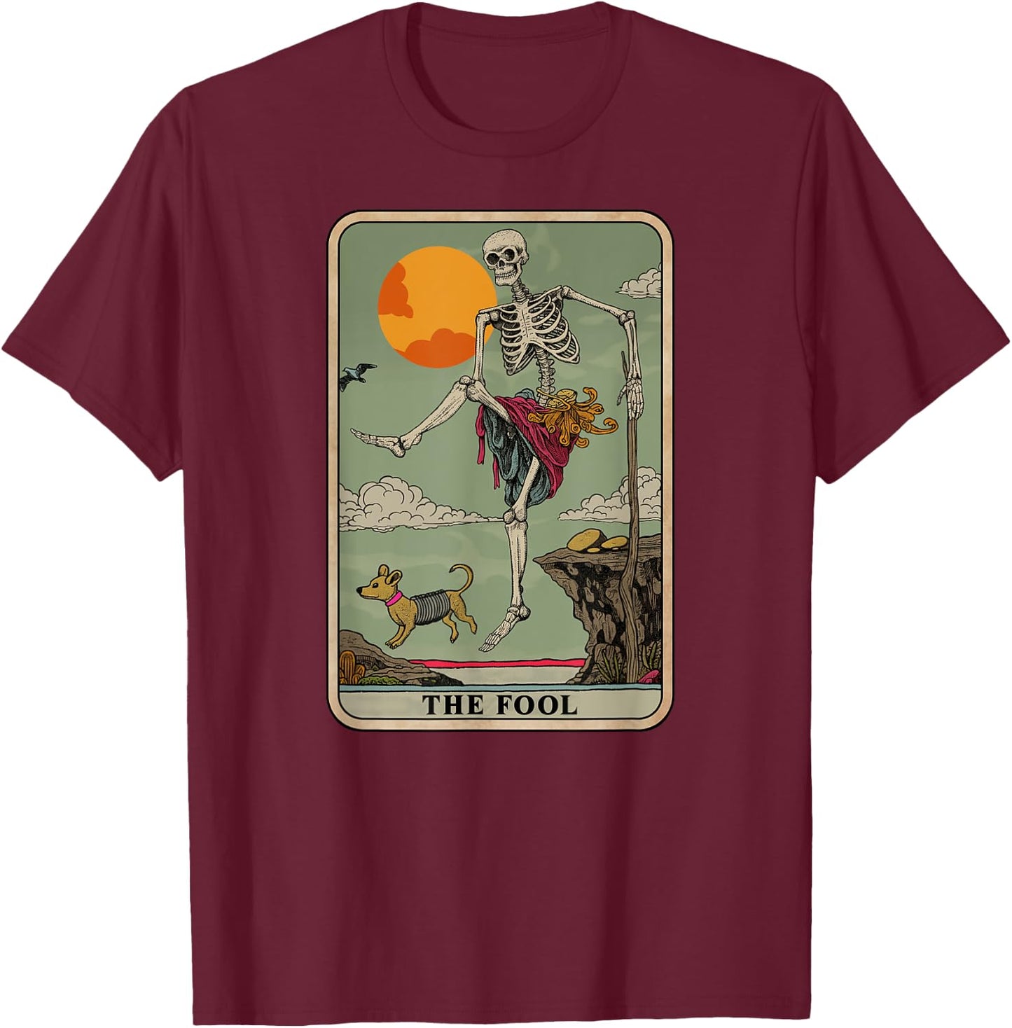 Skeleton Tarot Card The Fool Riding Unicorn Design T-Shirt - T-Shirt | Maroon