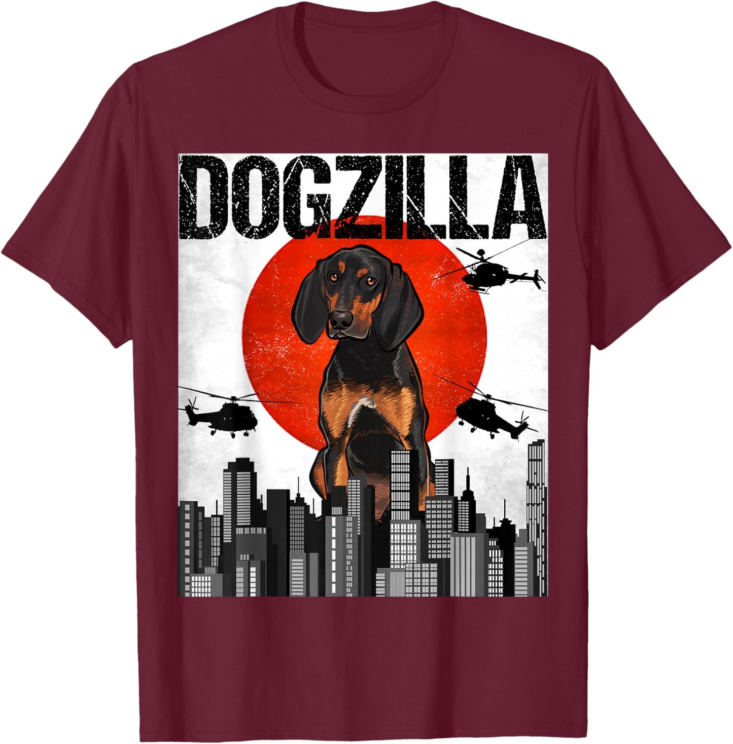 Funny Vintage Japanese Dogzilla Black and Tan Coonhound T-Shirt - T-Shirt | Maroon