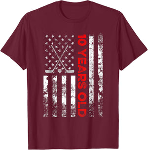 10 Year Old Shirt 10th Birthday USA Flag Hockey Shirt Kids Men T-Shirt - T-Shirt | Maroon