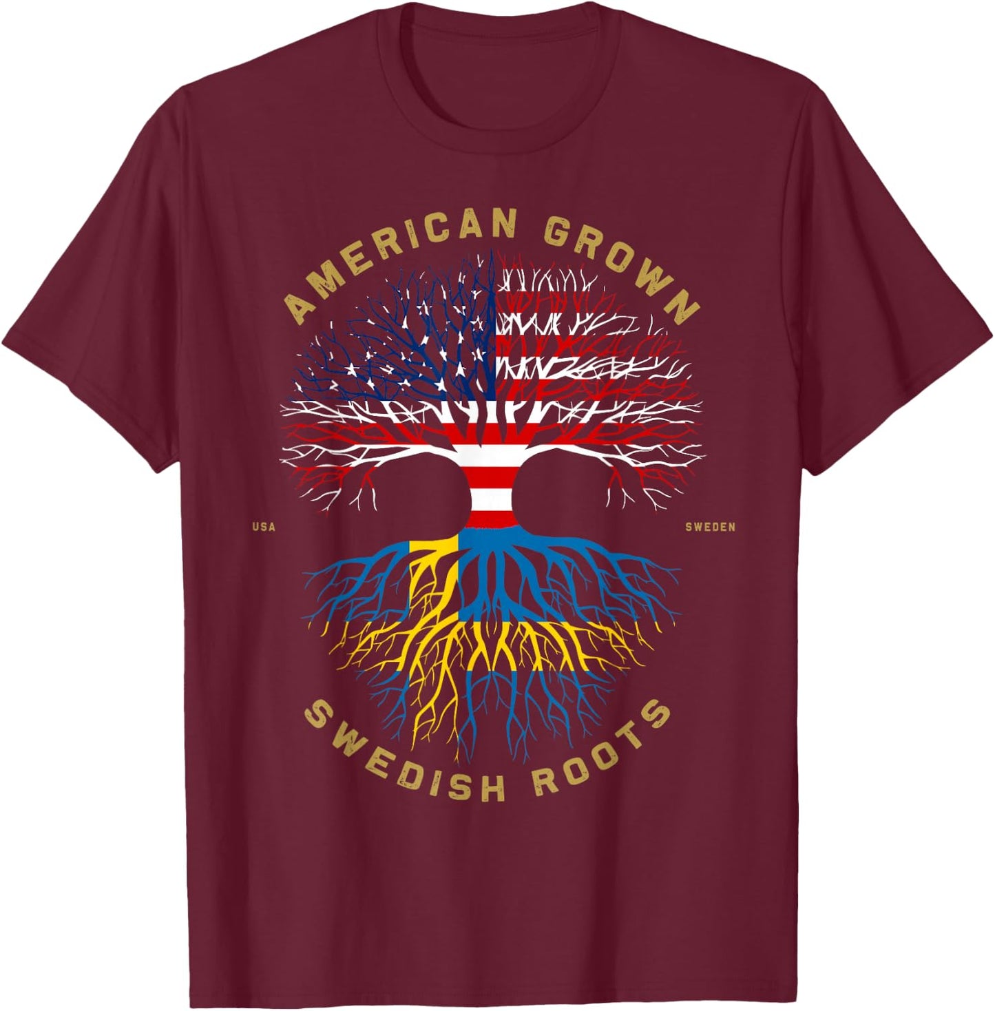American Grown with Swedish Roots Tree USA Flag Unique Gifts T-Shirt - T-Shirt | Maroon