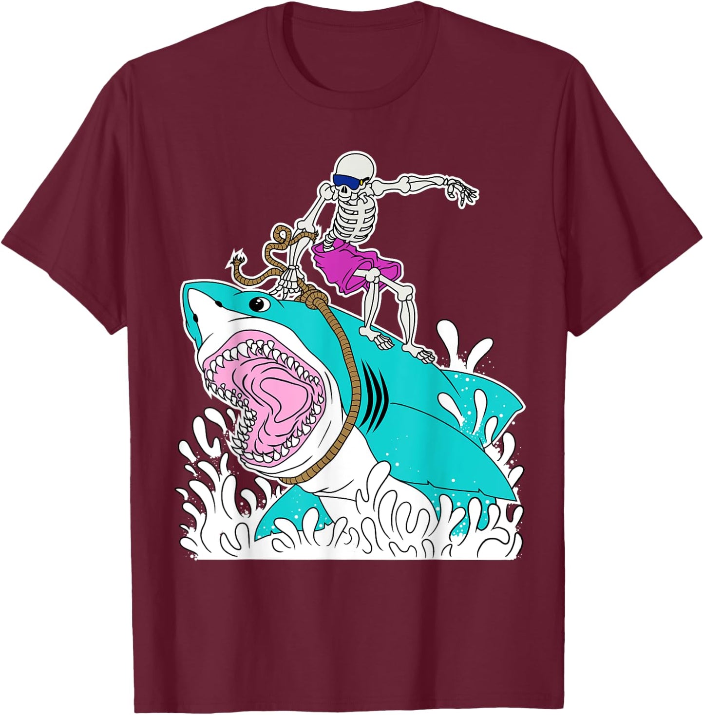 Funny Skeleton Surfing Shark Halloween T-Shirt - T-Shirt | Maroon