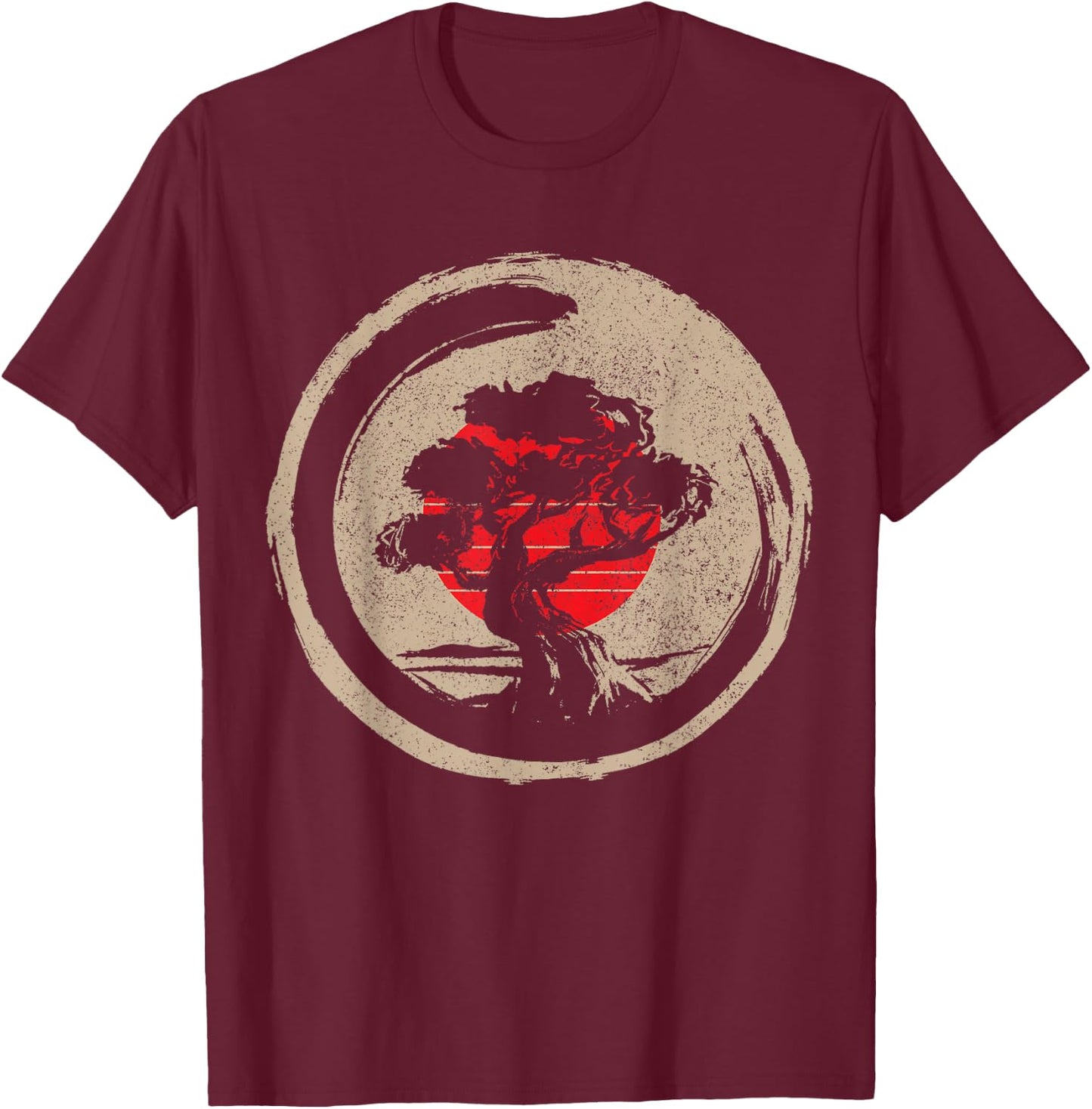 Bonsai Tree Japanese Flag Zen Vintage Gift T-Shirt - T-Shirt | Maroon