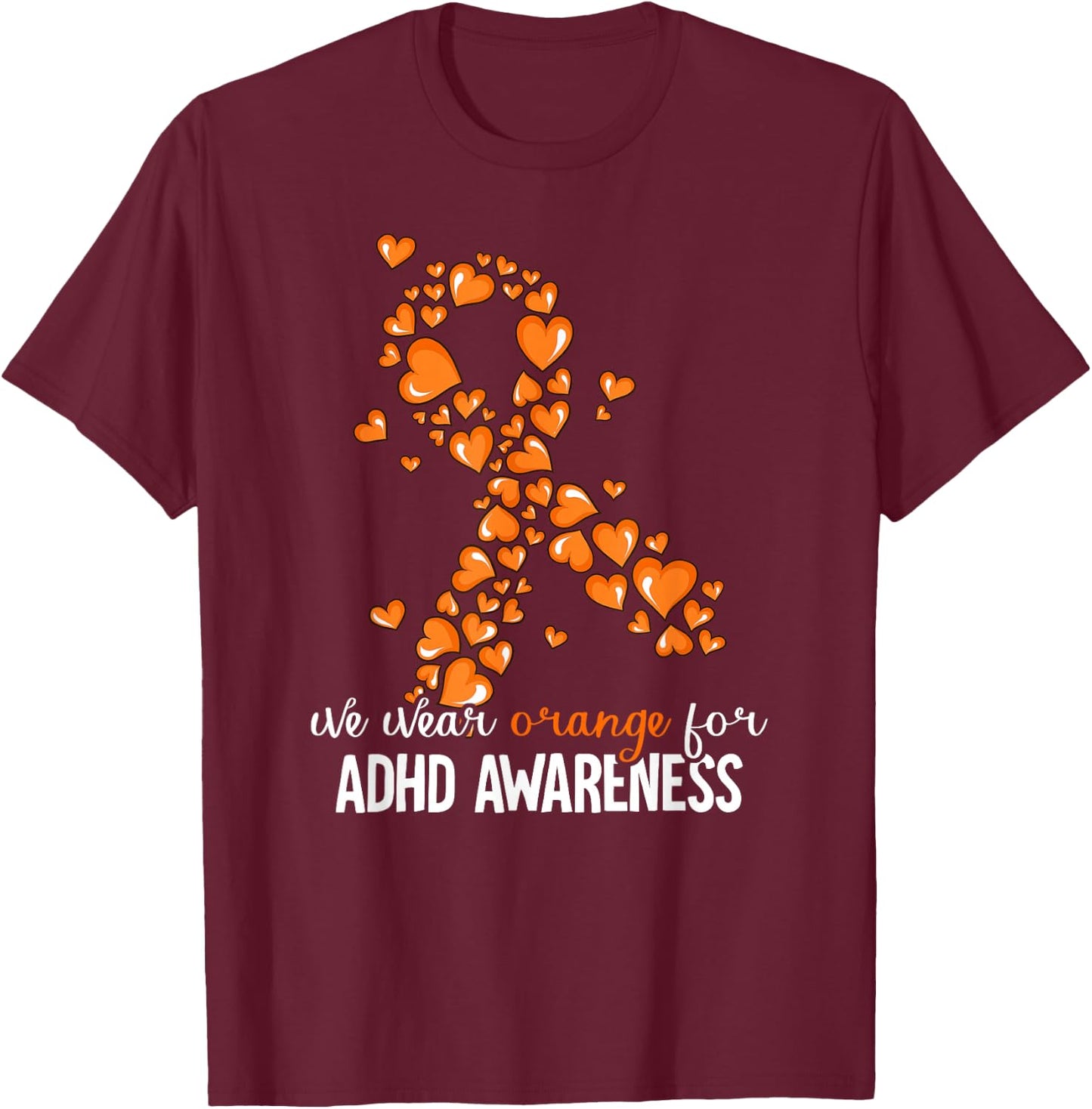 ADHD Gift -Kids Orange ADHD Awareness Casual Mandarin Collar Letter Print T-Shirt - T-Shirt | Maroon
