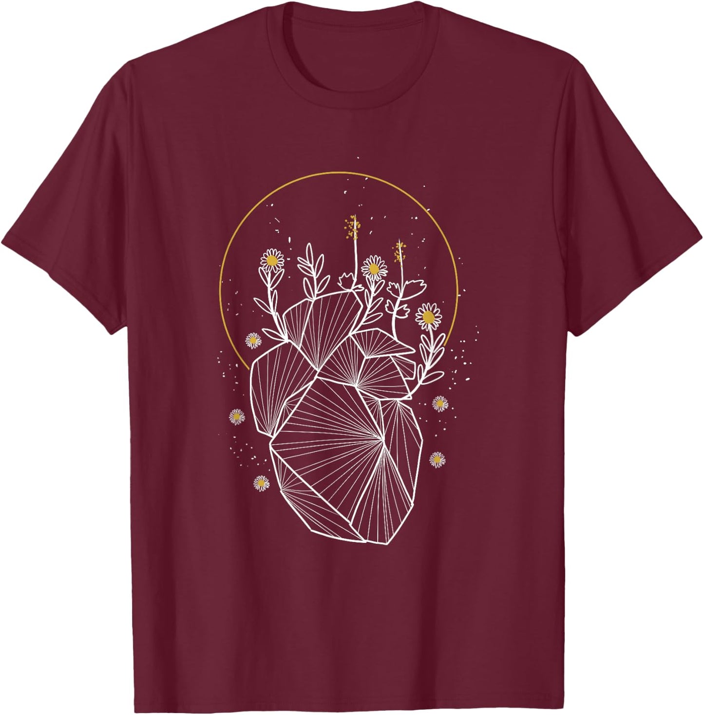 Moon Line Geometric Anatomical Heart Flowers Space Art Gift T-Shirt - T-Shirt | Maroon