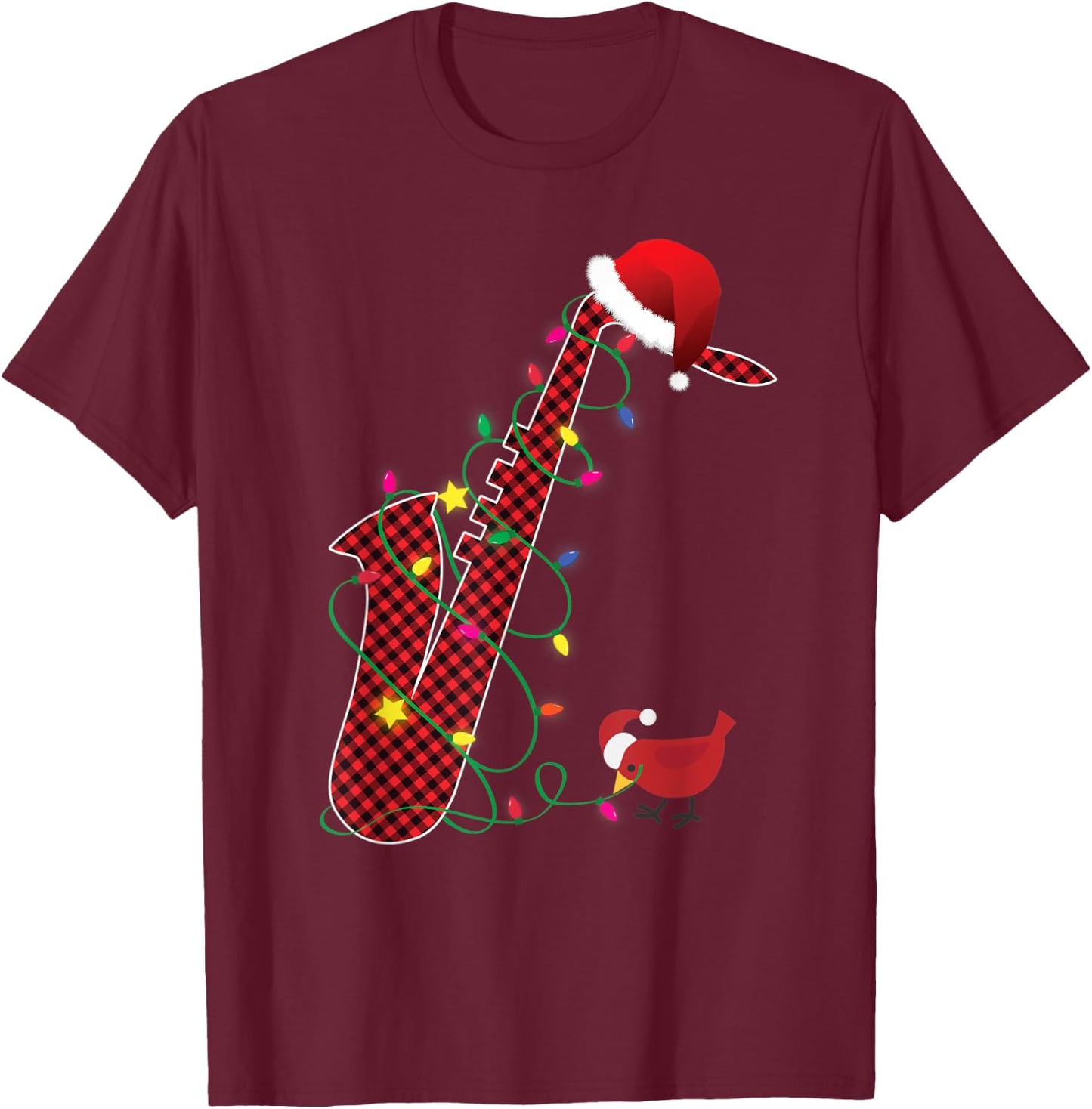 Red Buffalo Plaid Pajama Saxophone Lovers Christmas Lights T-Shirt - T-Shirt | Maroon