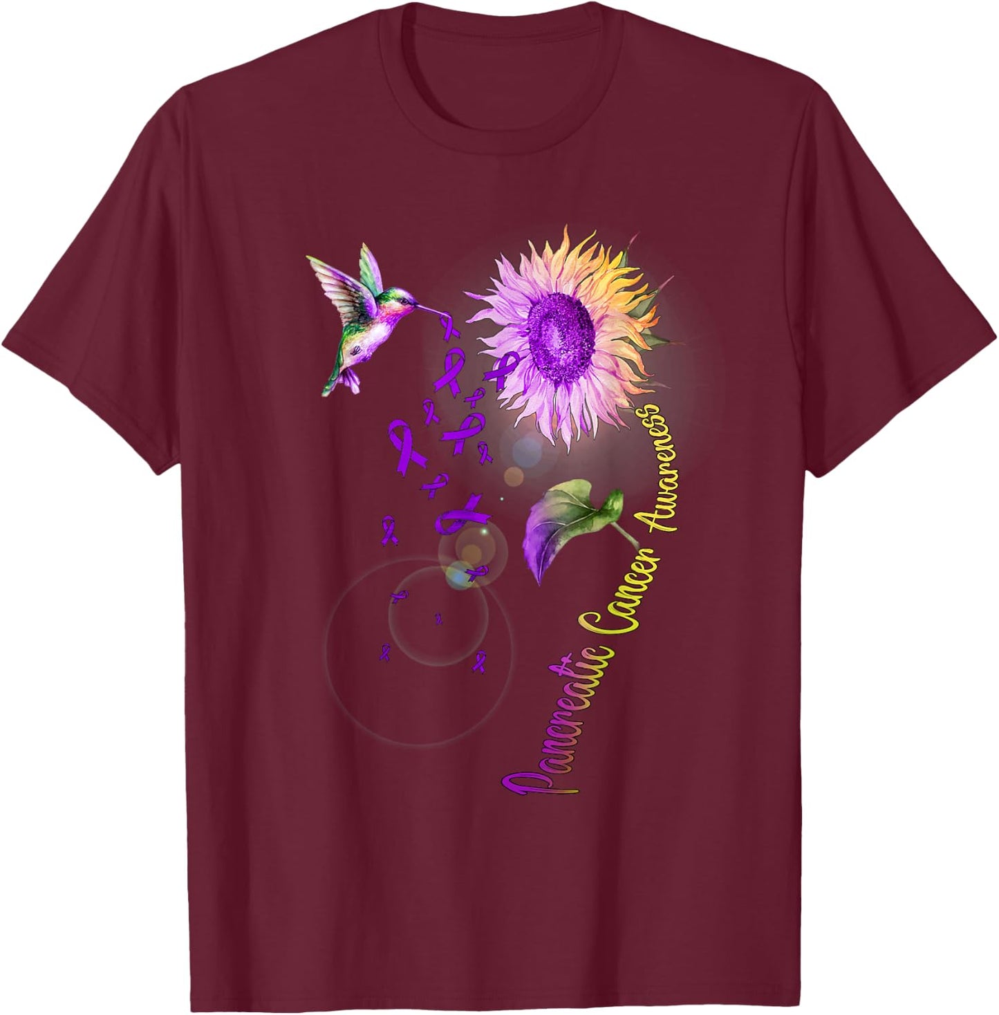 Pancreatic Cancer Sunflower Hummingbird T-Shirt - T-Shirt | Maroon