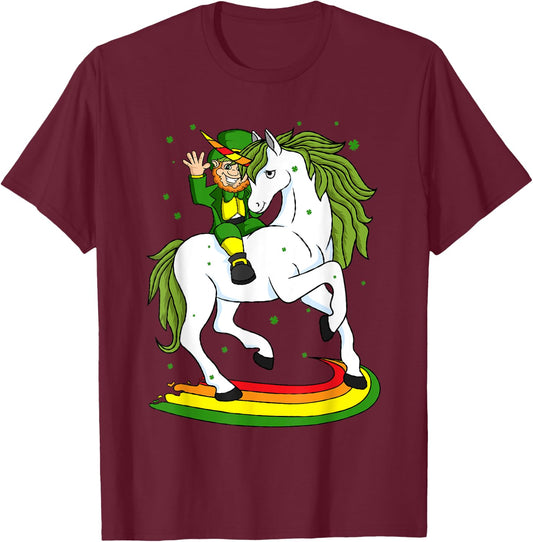 Leprechaun Riding A Magical St Patrick's Day Unicorn Gift T-Shirt - T-Shirt | Maroon
