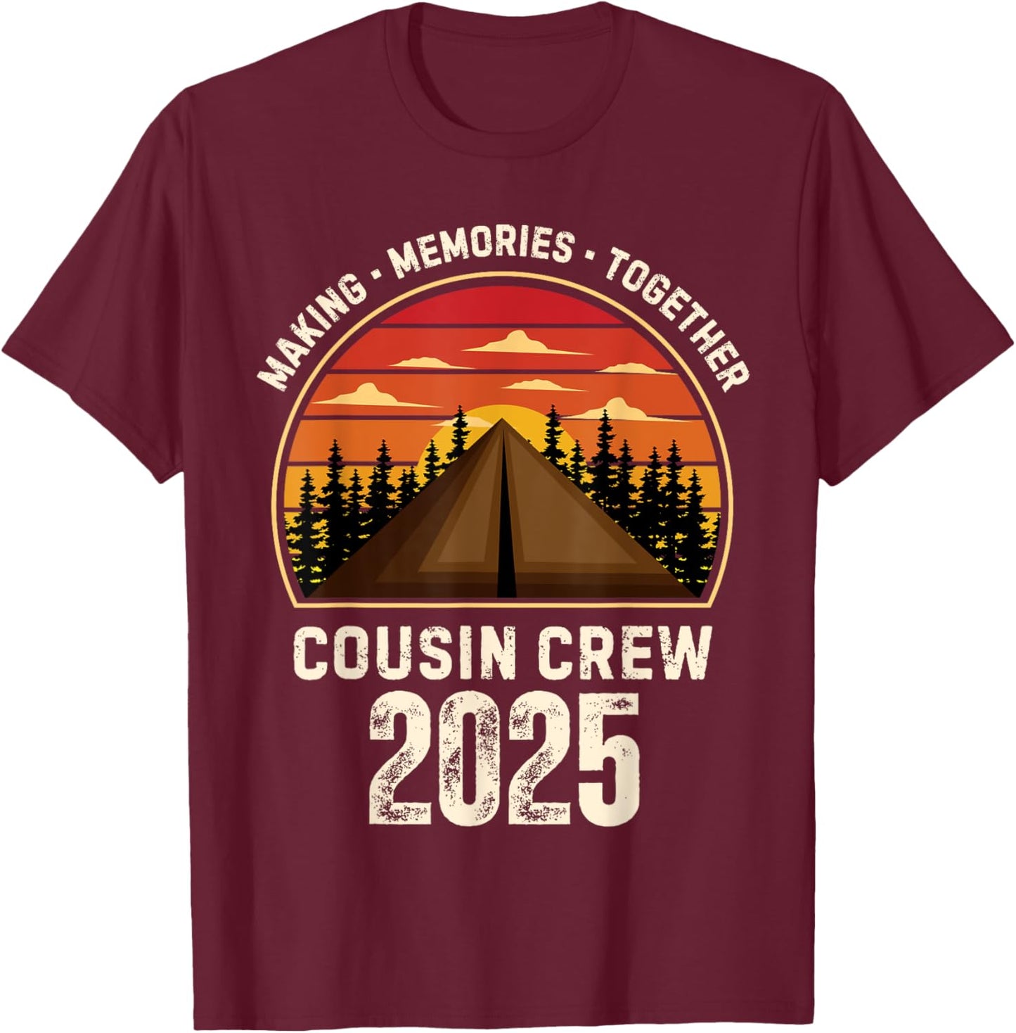 Retro Vintage Cousin Crew 2025 Camper Matching Camping Trip T-Shirt - T-Shirt | Maroon
