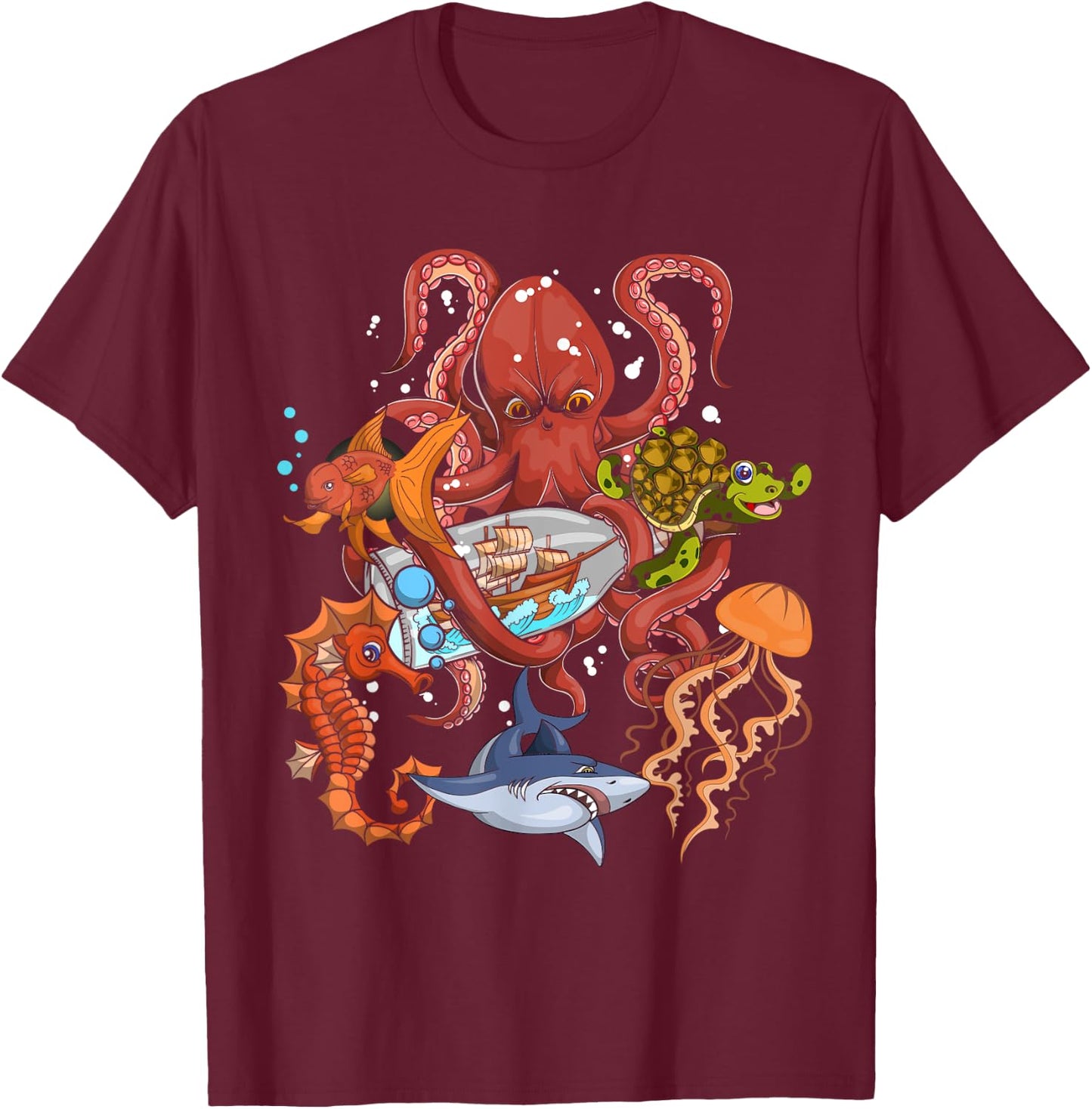 Jellyfish Turtle Seahorse Shark Octopus Kids Ocean Animal T-Shirt - T-Shirt | Maroon
