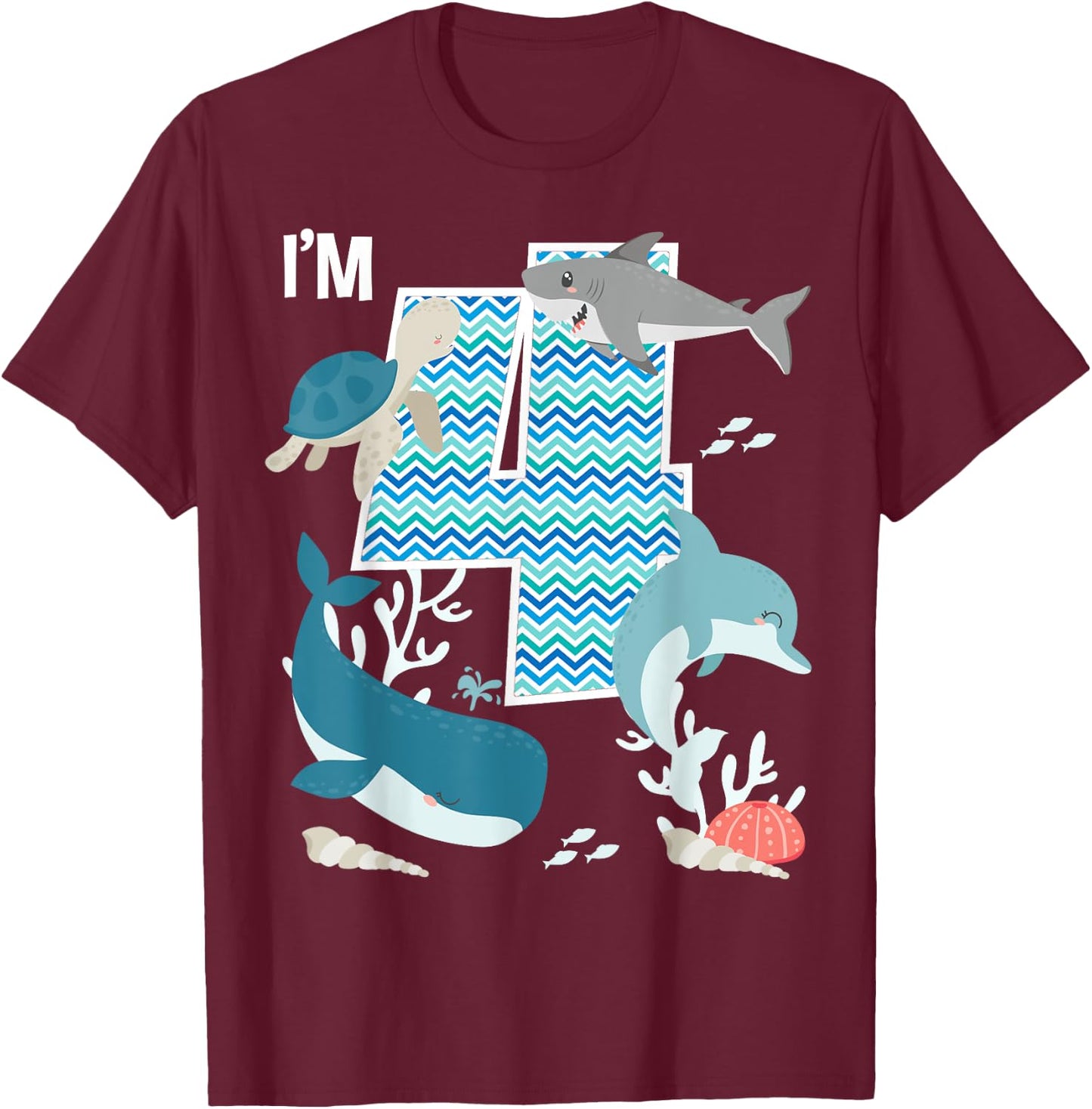 Kids 4 Year Old Ocean Life Whale Dolphin Shark 4th Birthday T-Shirt - T-Shirt | Maroon