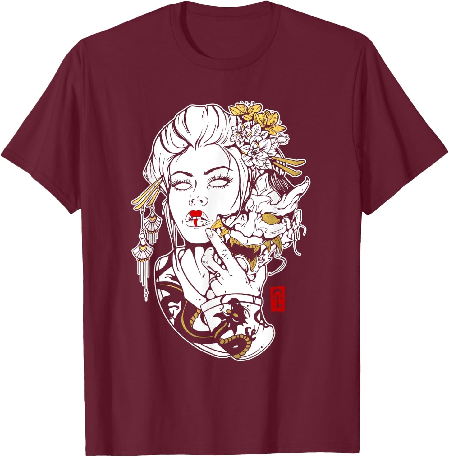 Skulls and Succulents Japanese Geisha Oni Mask T-Shirt - T-Shirt | Maroon
