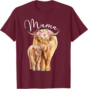 Mama Highland Cow With Baby Calf Floral Mothers Day Mom Gift T-Shirt - T-Shirt | Maroon