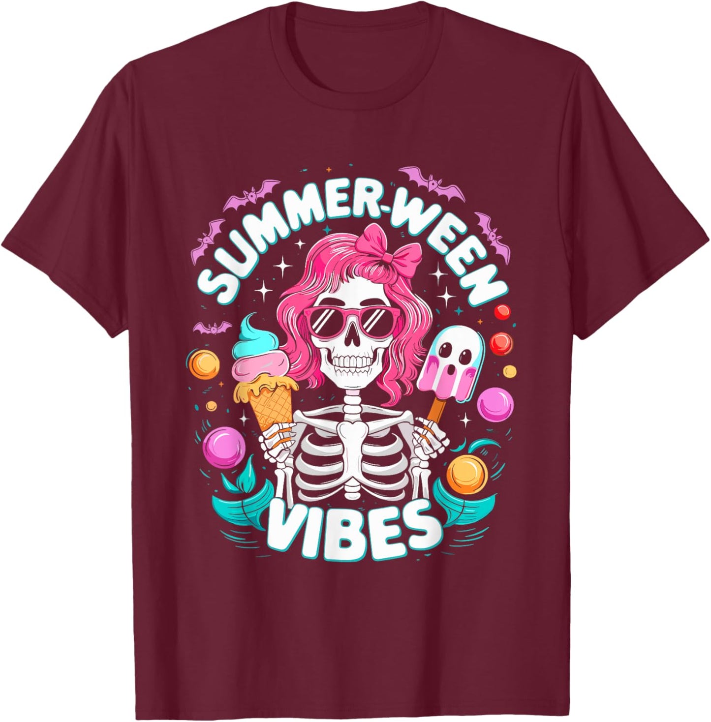 Summerween Vibes Skeleton Spooky Vacation Halloween Summer T-Shirt - T-Shirt | Maroon