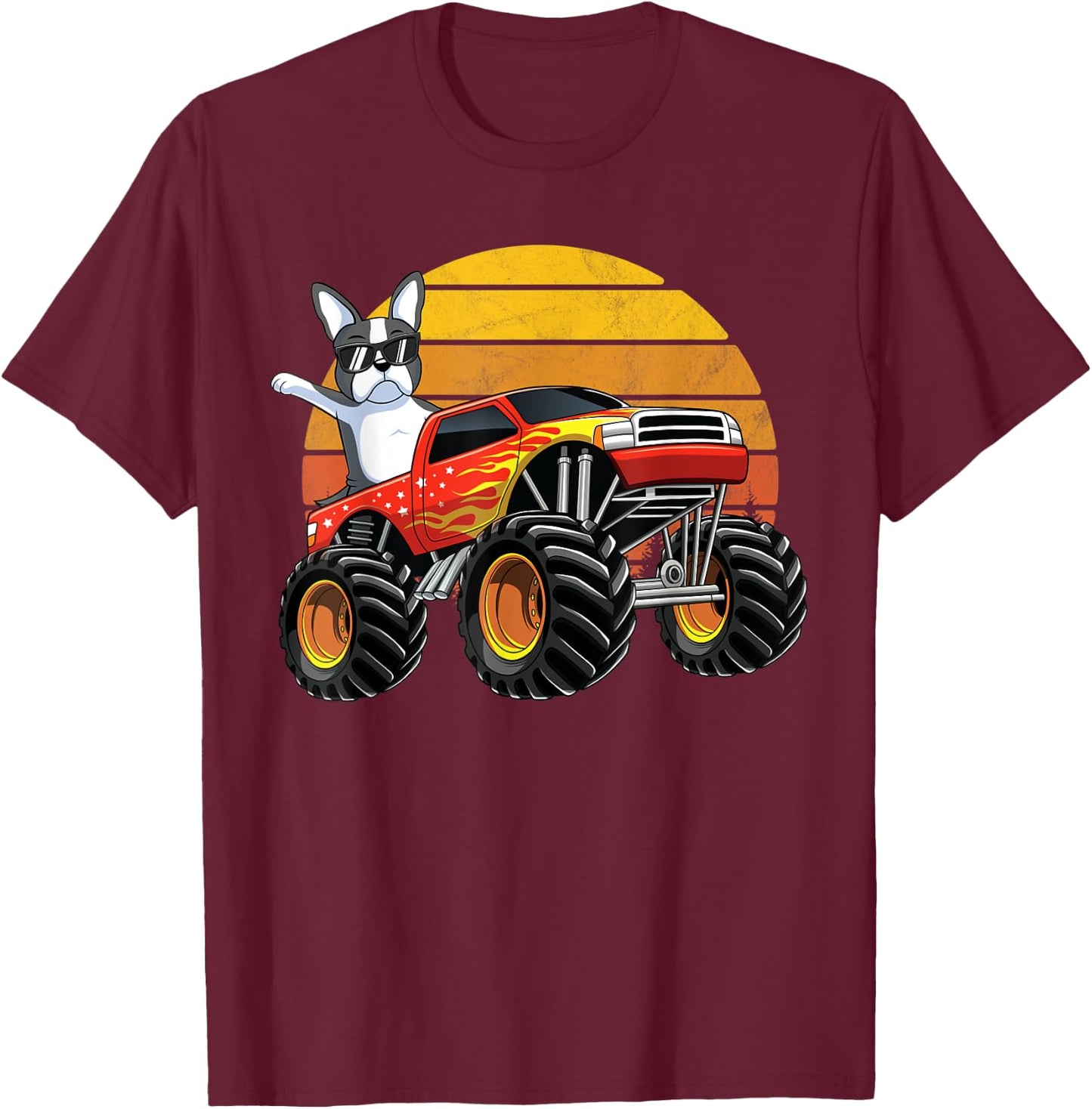 Monster Truck Boston Terrier Dog Retro Sunset Boys Kids Gift T-Shirt - T-Shirt | Maroon