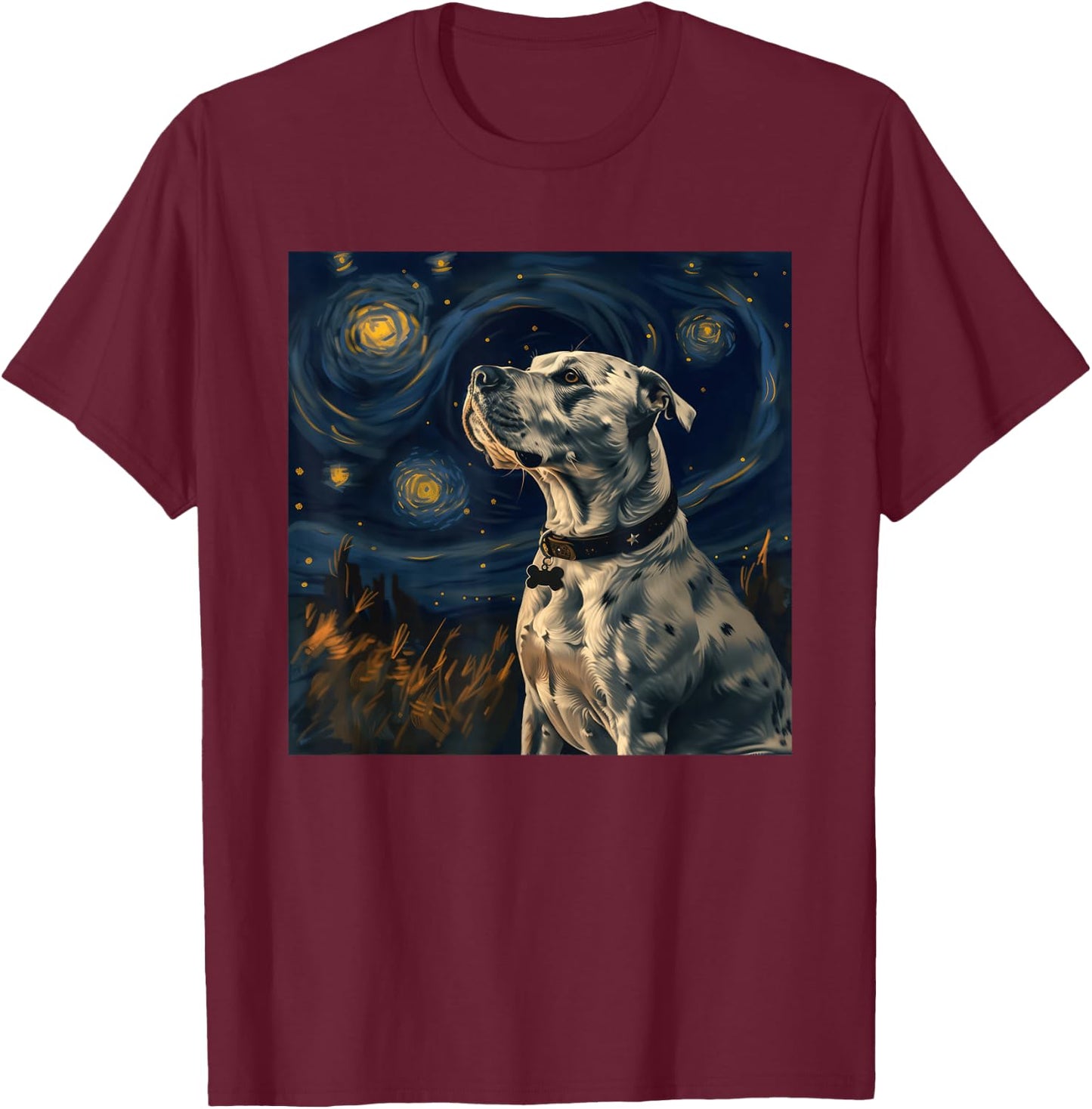 Pit Bull Dog Owner Van Gogh Style Starry Night T-Shirt - T-Shirt | Maroon