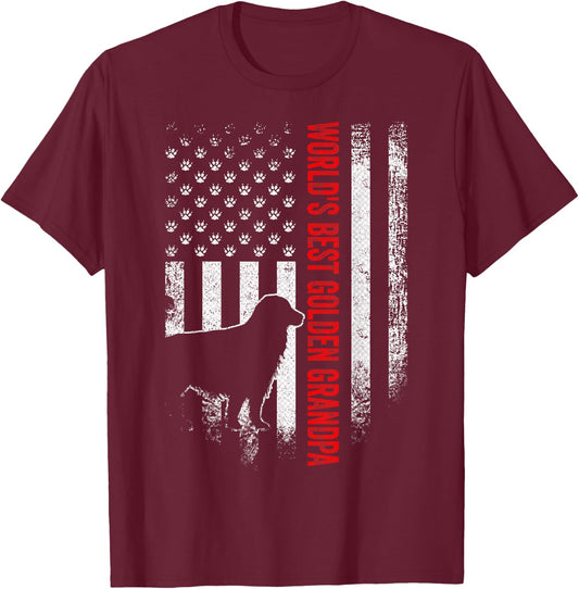Vintage American Flag World's Best Golden Retriever Grandpa Women Men T-Shirt - T-Shirt | Maroon