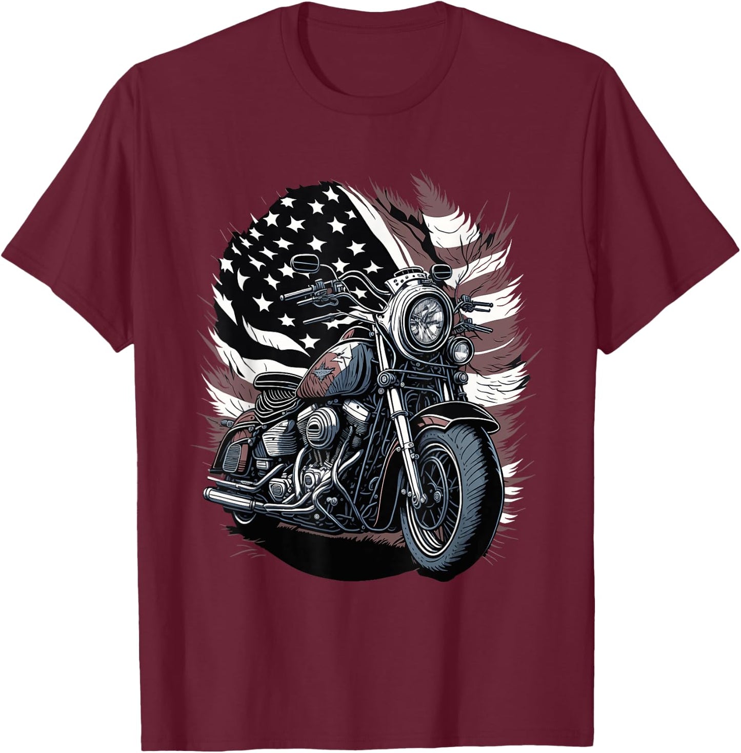 Motorcycle Vintage American Flag 4th of July Retro Biker T-Shirt - T-Shirt | Maroon