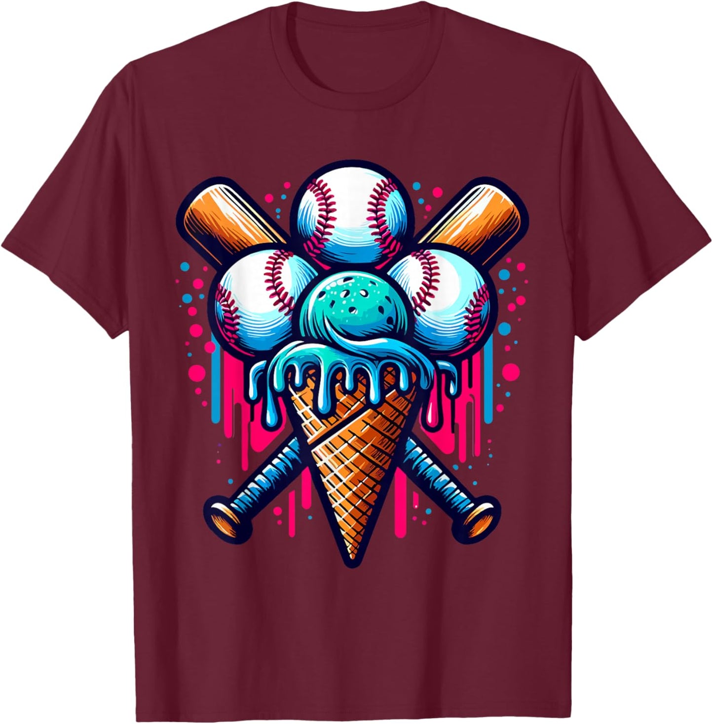 Baseball Ice Cream Watercolor Sports Lover Ice Cream Cone T-Shirt - T-Shirt | Maroon