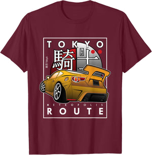Tokyo Route Drag Racing Japanese Import Car - Funny Car Guy T-Shirt - T-Shirt | Maroon