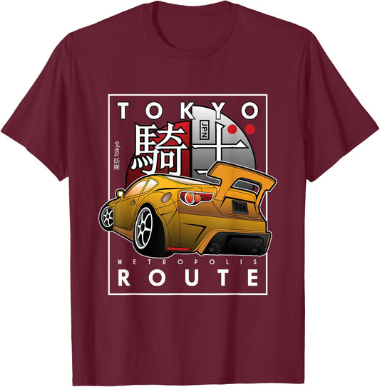 Tokyo Route Drag Racing Japanese Import Car - Funny Car Guy T-Shirt - T-Shirt | Maroon
