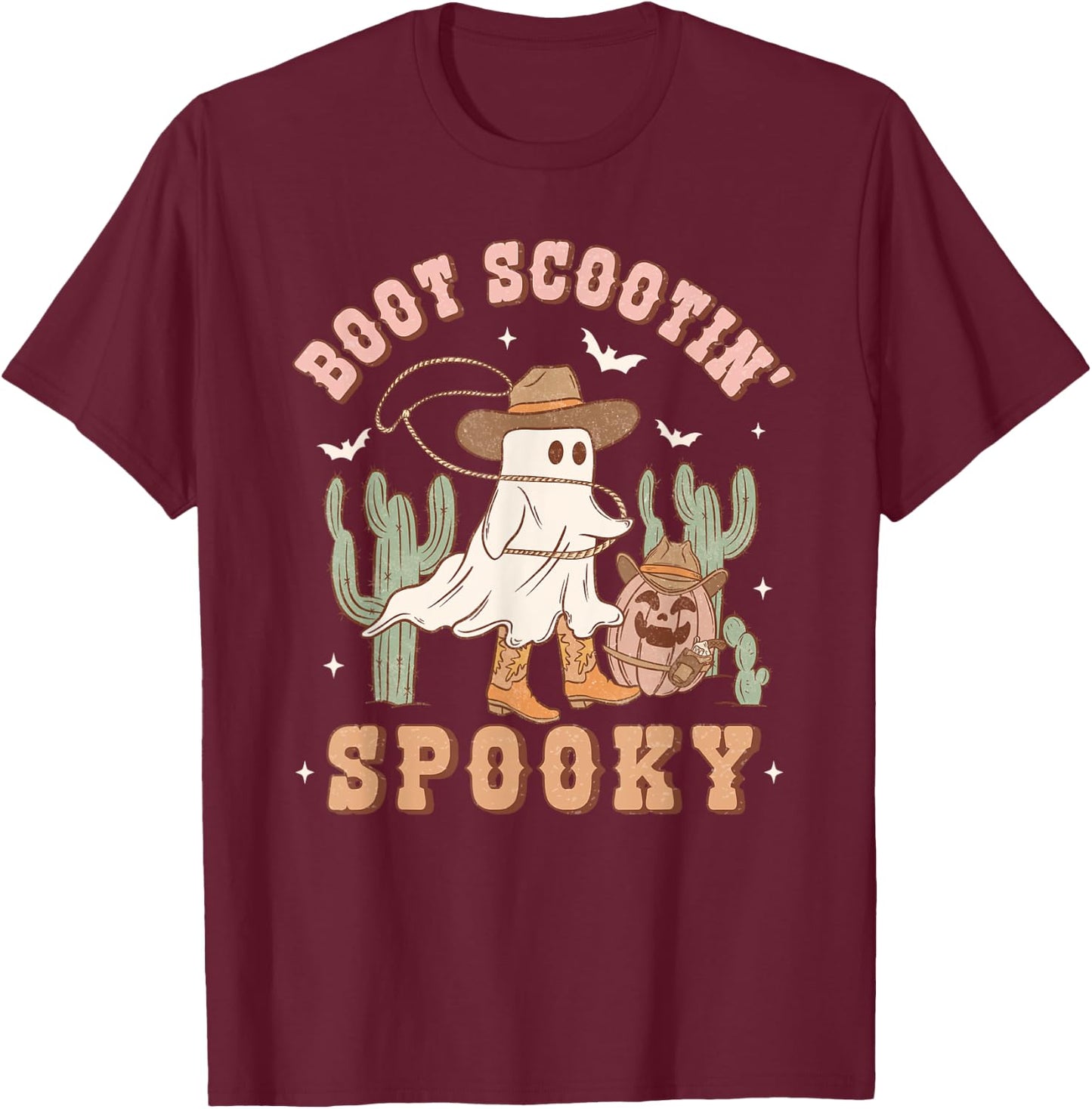 Retro Halloween Cowgirl Ghost Western Boot Scootin Spooky T-Shirt - T-Shirt | Maroon