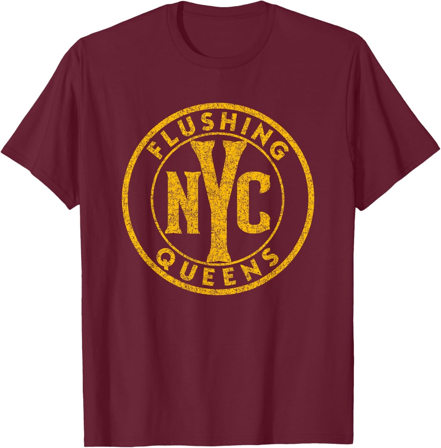 Flushing Queens NYC Circle Sign Distressed Amber Print T-Shirt - T-Shirt | Maroon