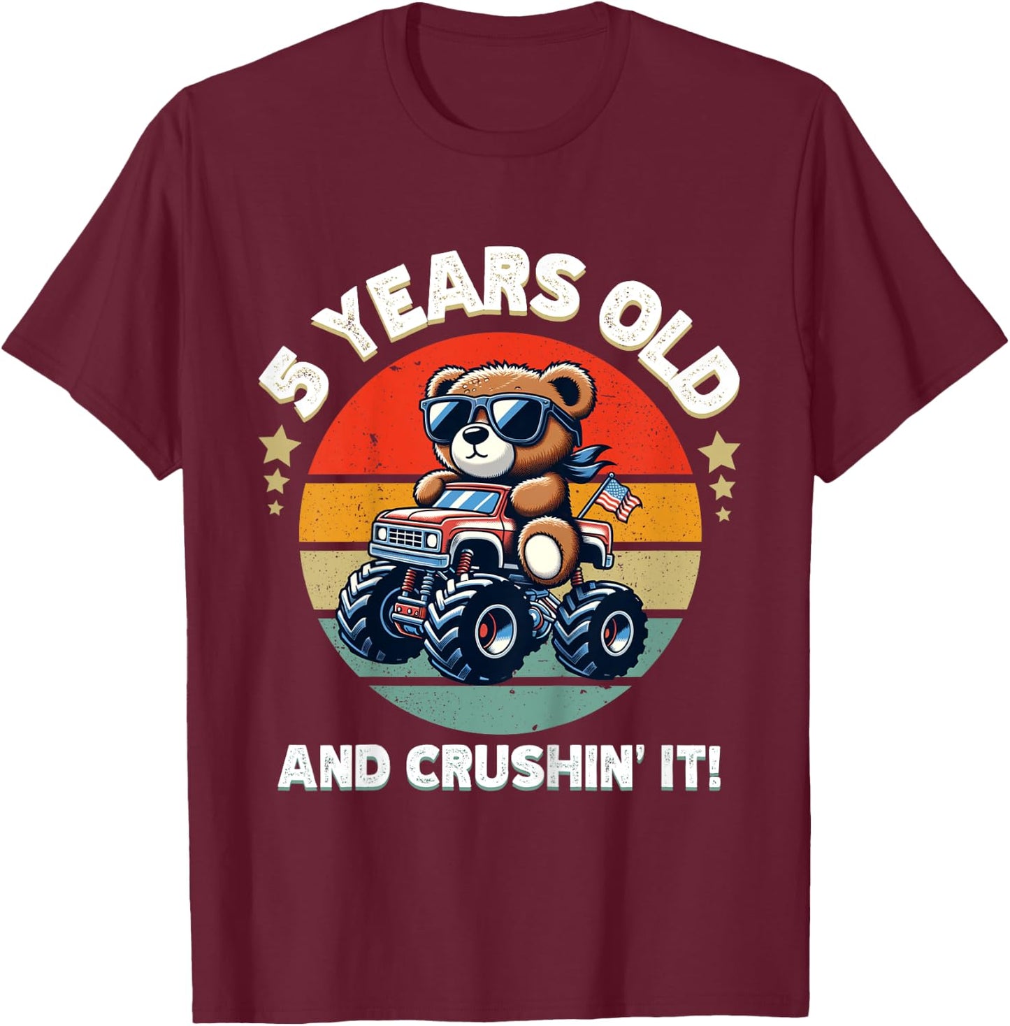 Kids Retro 5th Birthday Monster Truck Teddy Bear Crushin' It Boys T-Shirt - T-Shirt | Maroon