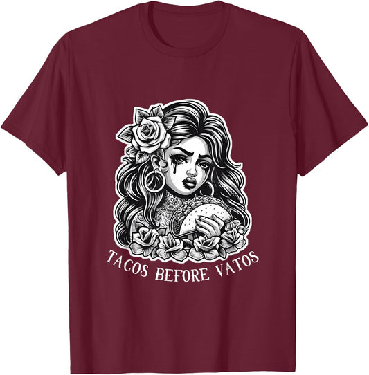 Tacos Before Vatos Sad Chola Latina Chicana Floral T-Shirt - T-Shirt | Maroon